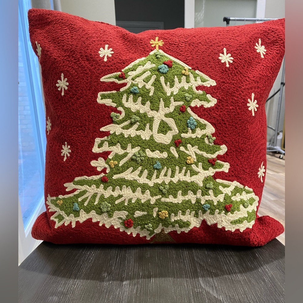 Pottery Barn Festive Red Christmas Tree Pillow, insert included! 20”square